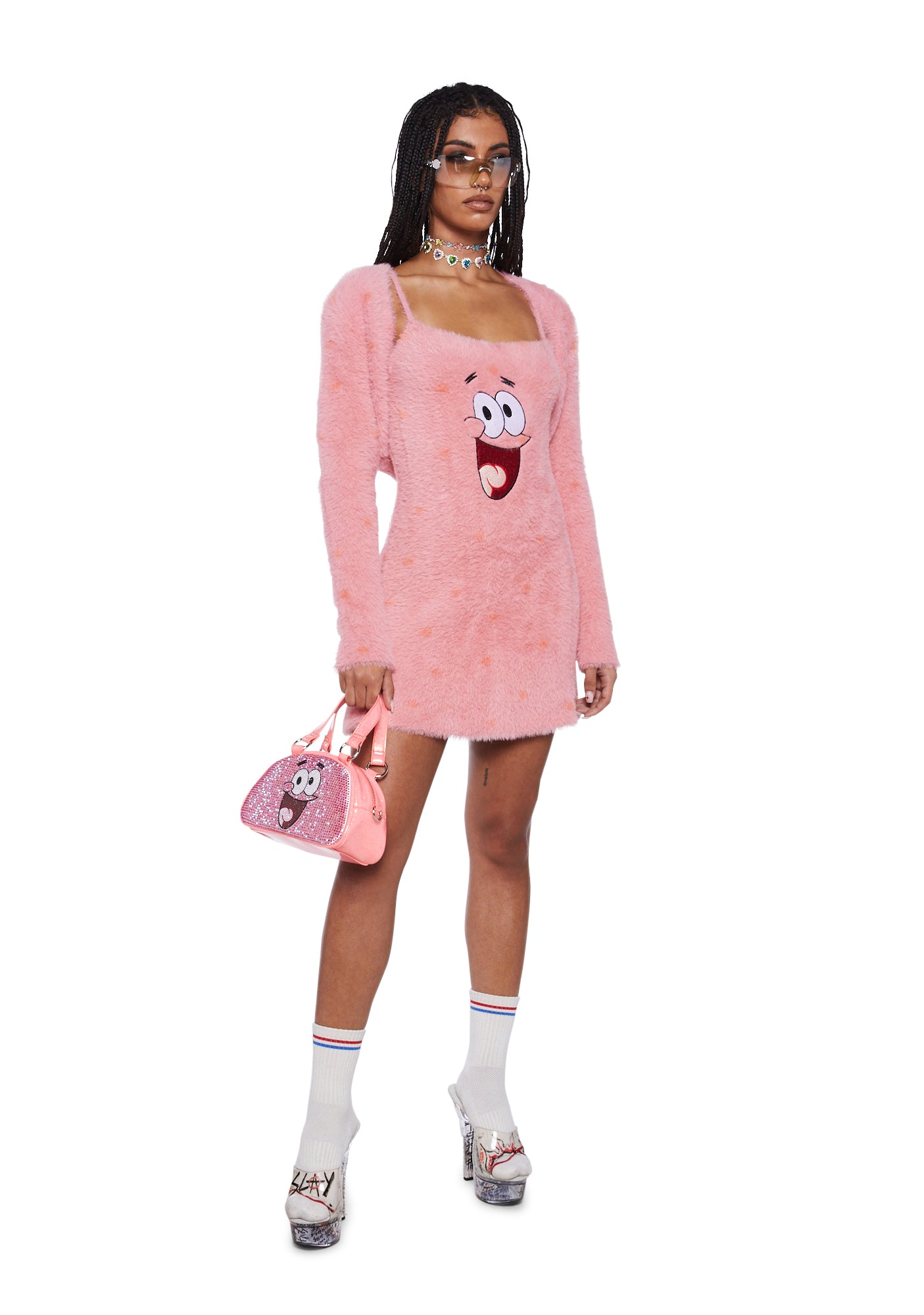 Empirisk ekko skrive et brev Dolls Kill x Spongebob Patrick Fuzzy Knit Embroidered Mini Dress And Shrug  Set - Pink
