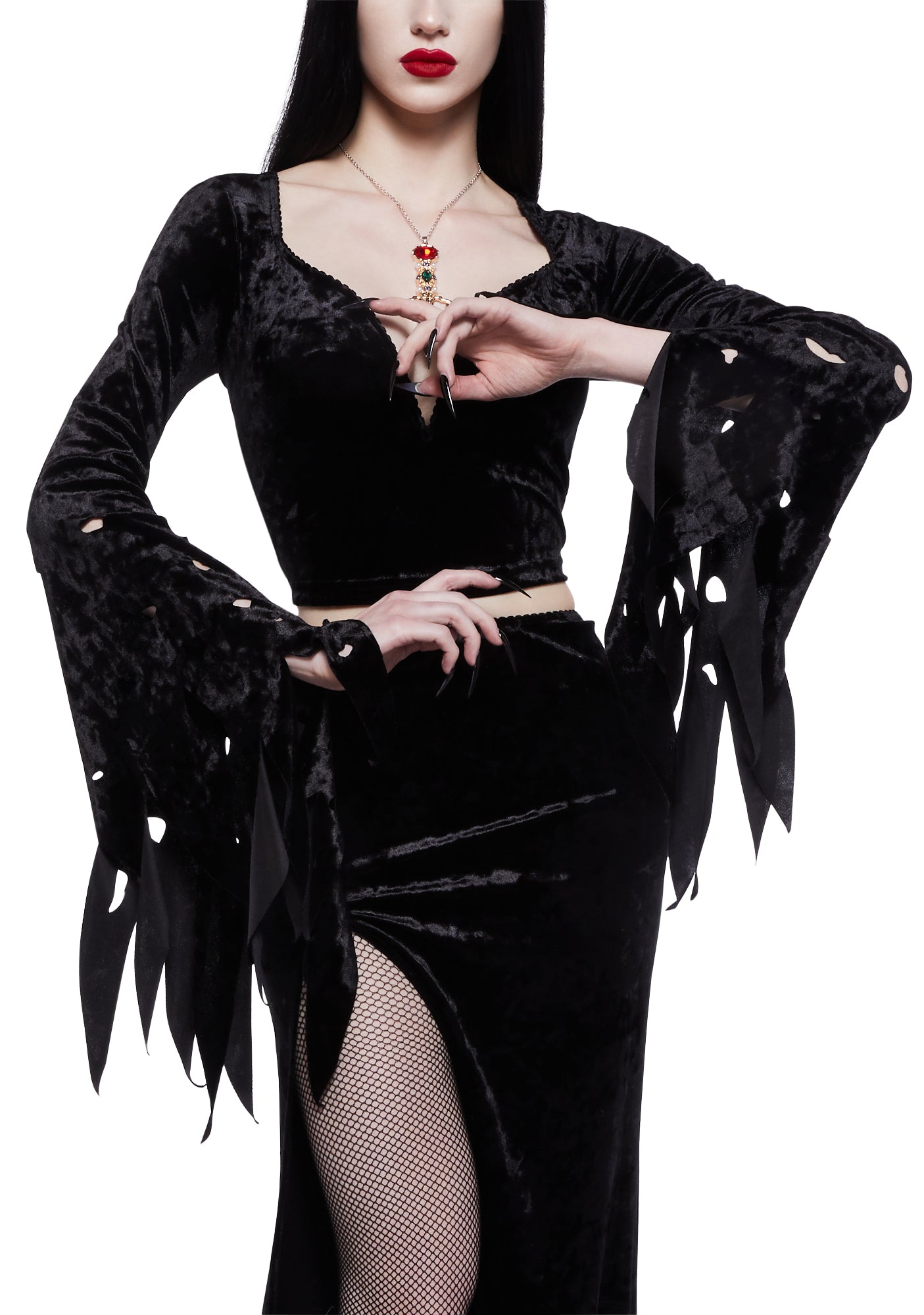 Dolls Kill x Elvira Velvet Long Sleeve Top - Black