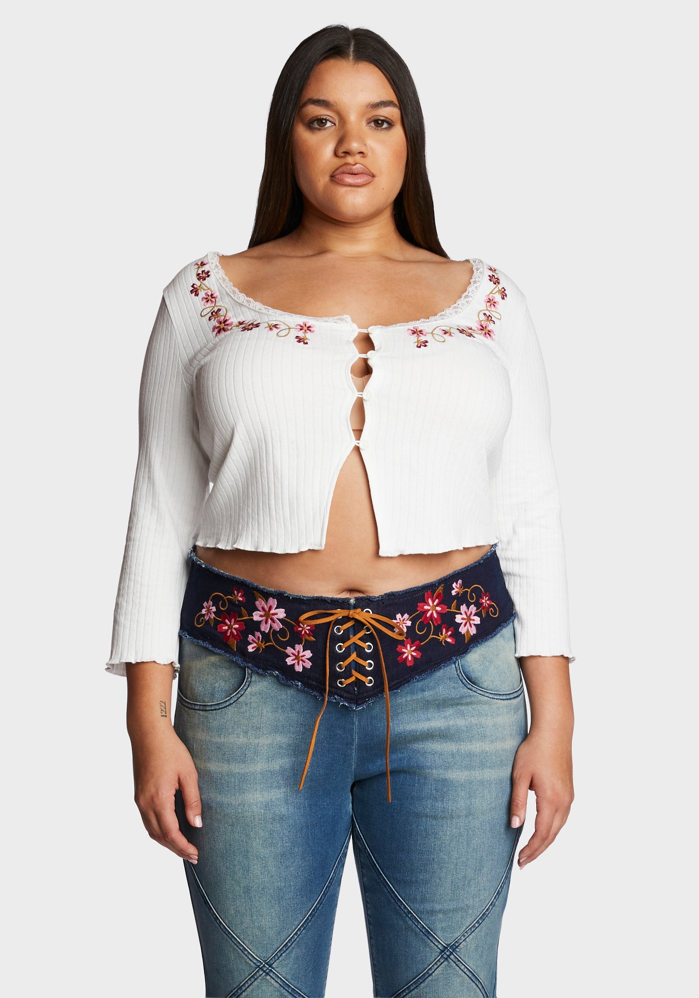 Delia's Plus Size Floral Embroidered Crop Cardigan - White – Dolls Kill