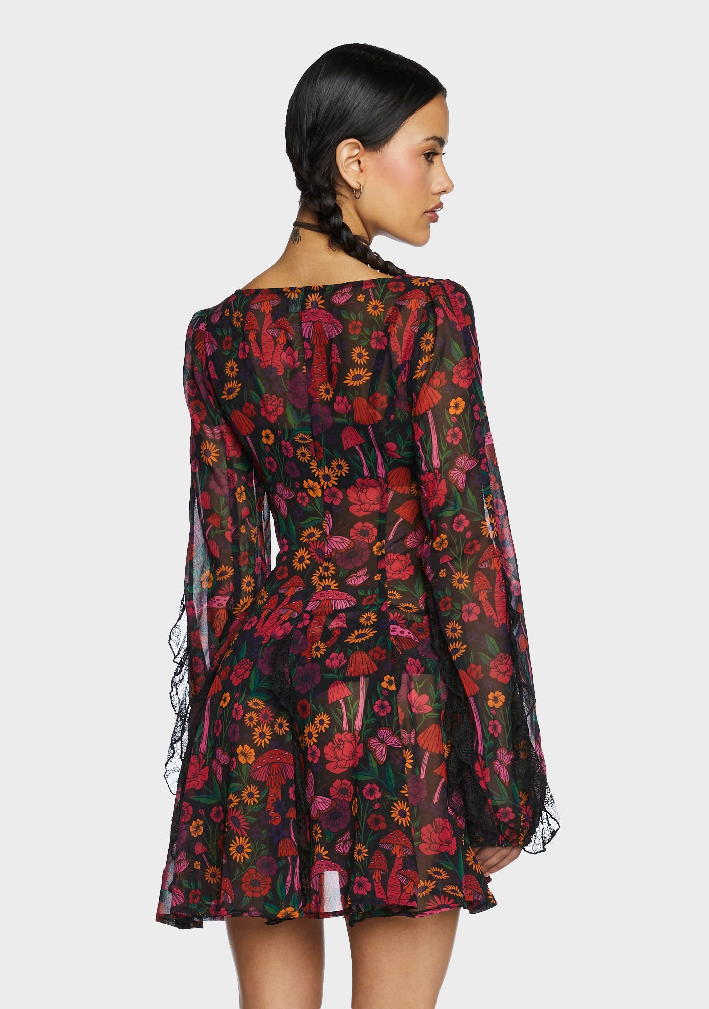 Current Mood Floral Mushroom Chiffon Sheer Mini Dress - Multi 