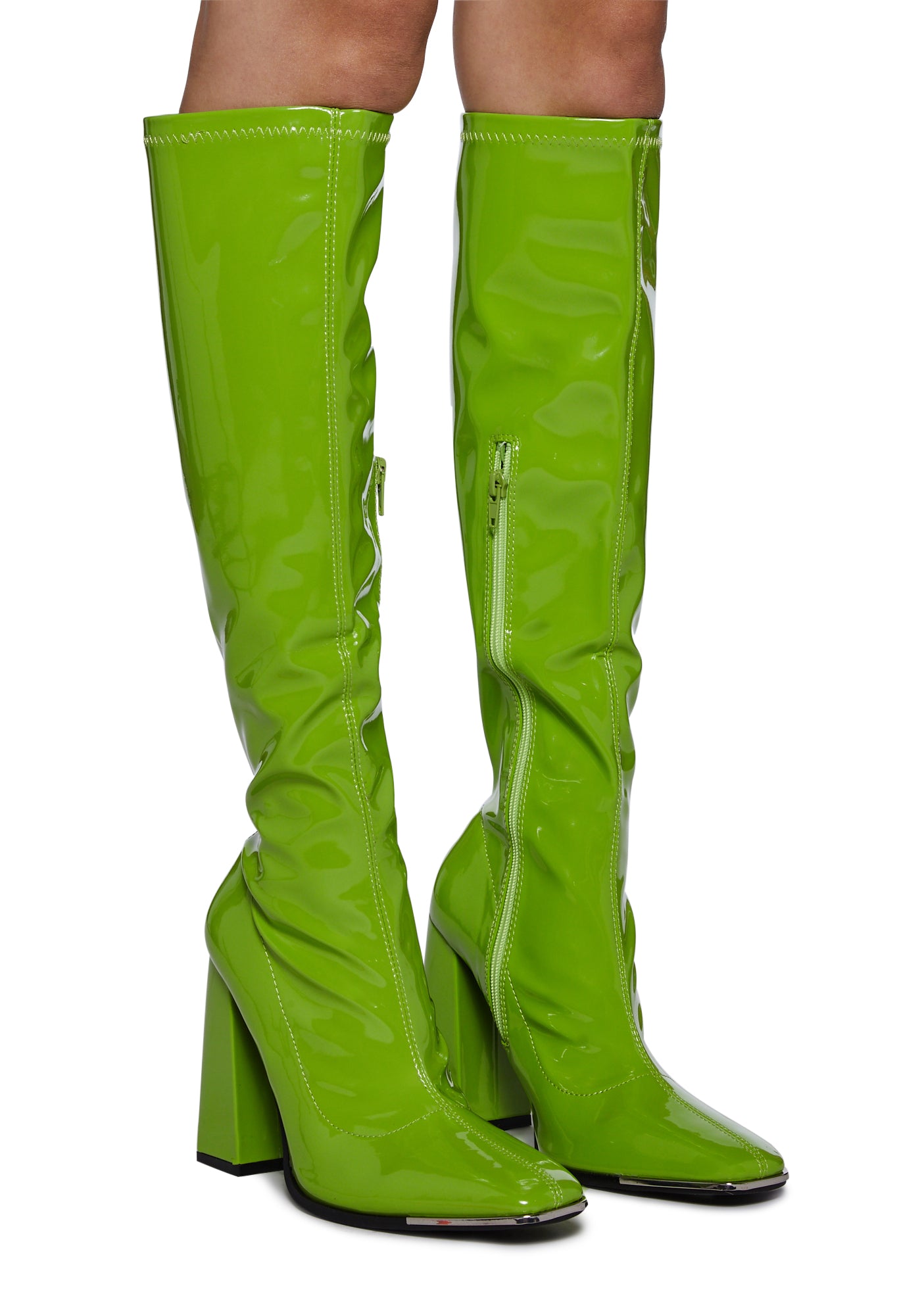 Public Desire Patent Vegan Leather Knee High Boots - Green – Dolls Kill
