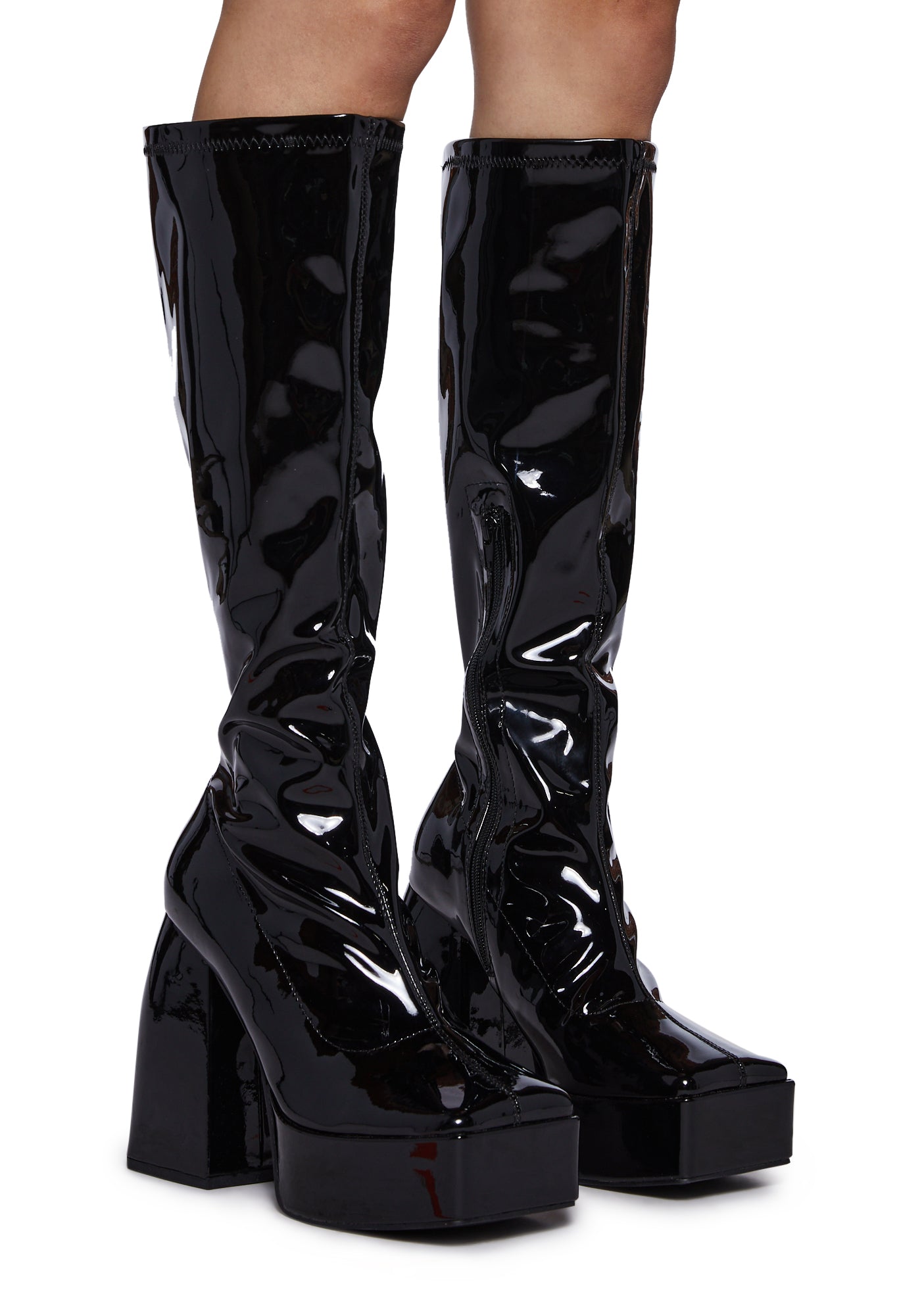 Public Desire Wide Fit Patent Vegan Leather Knee High Platform Heel Boots -  Black – Dolls Kill