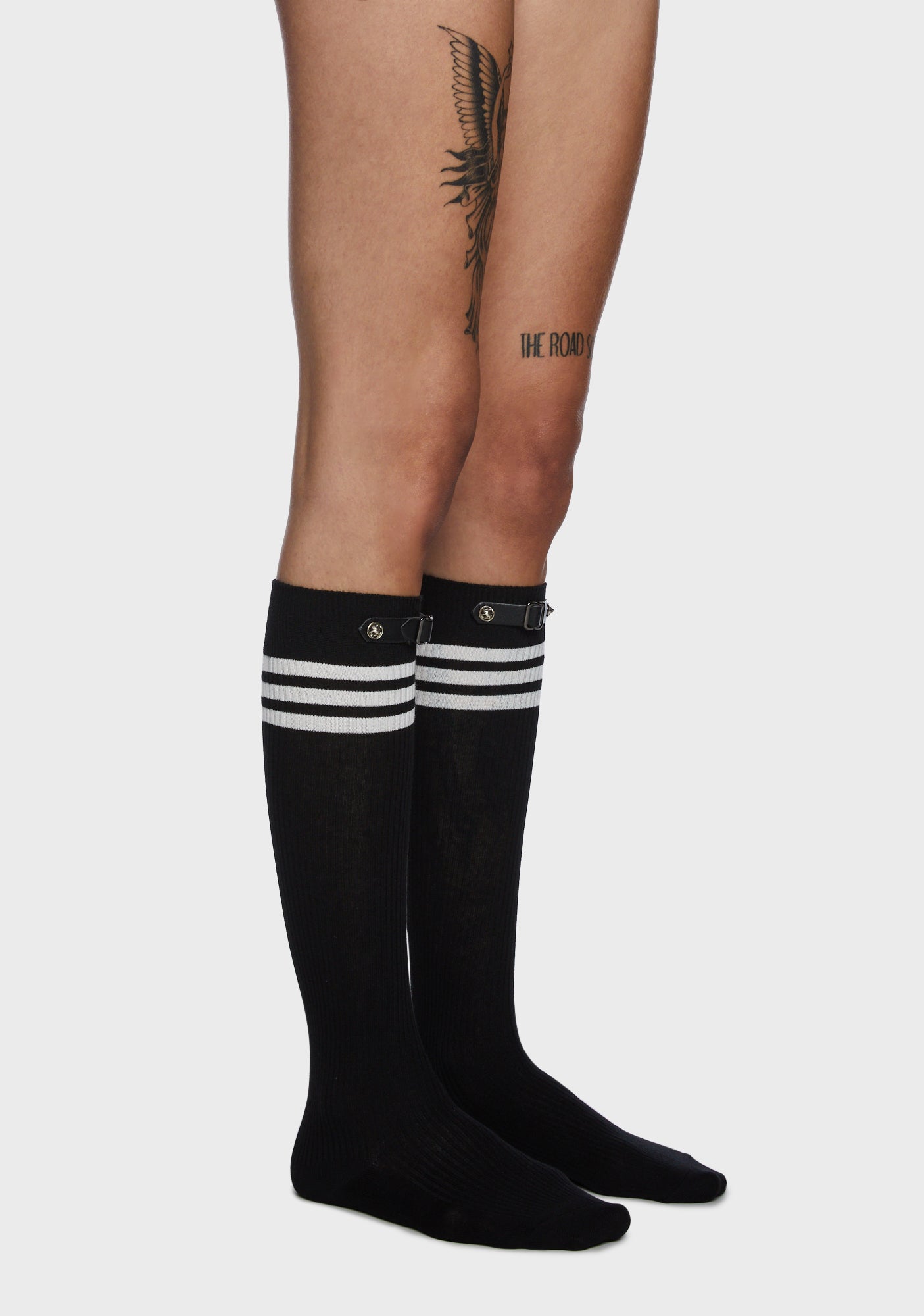 Striped Vegan Leather Strap Knee High Socks - Black – Dolls Kill