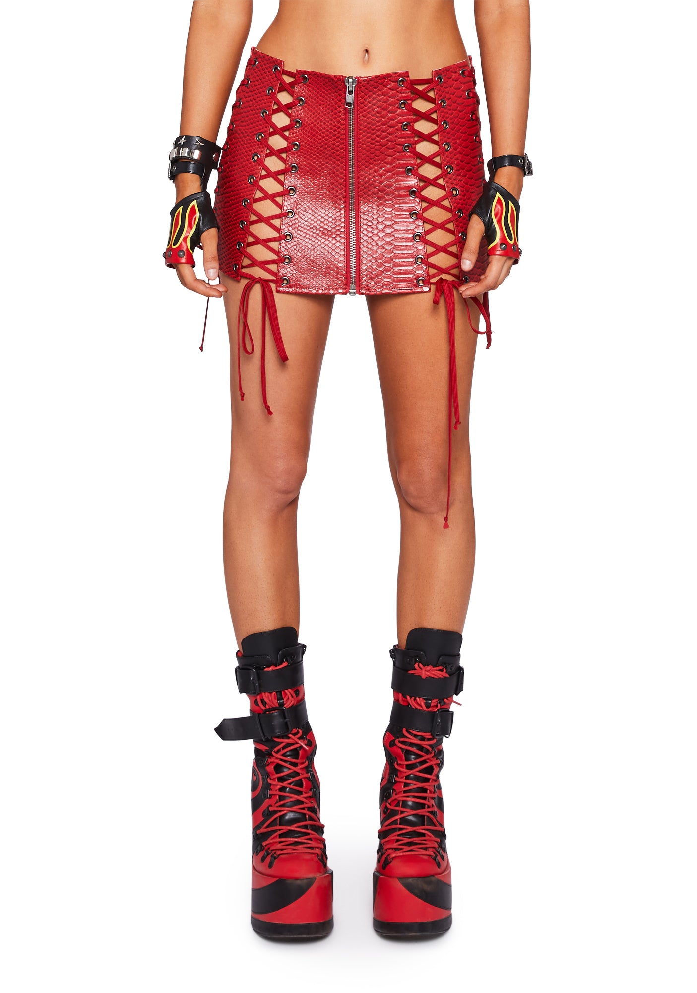 Club Exx Snakeskin Lace Up Mini Skirt - Red – Dolls Kill