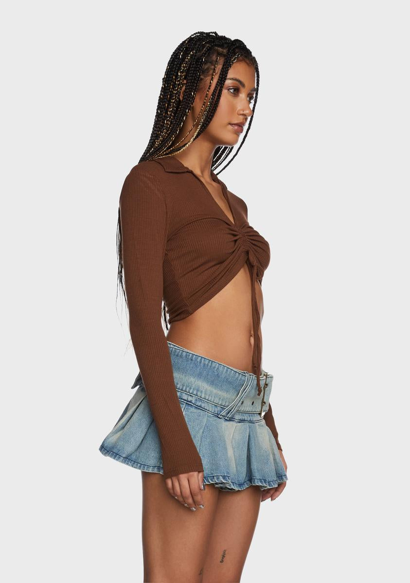 Knit Ribbed Ruched Long Sleeve Crop Top - Brown – Dolls Kill