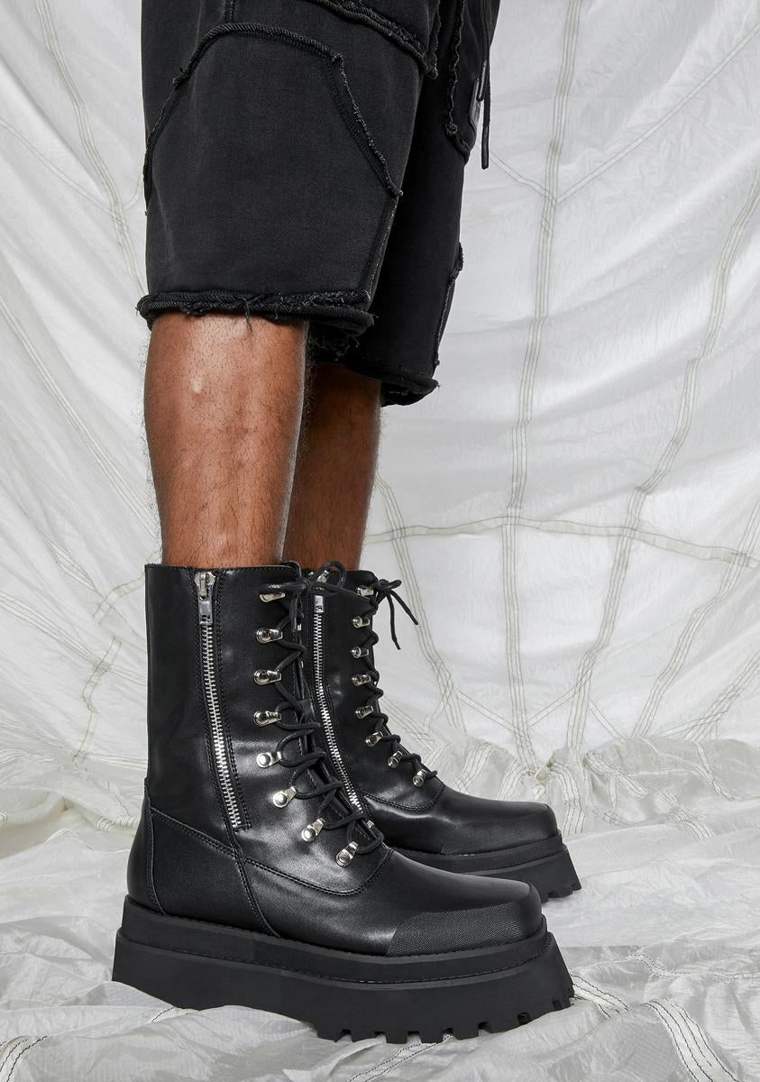 Darker Wavs Unisex Leather Square Toe Combat Boots - Black – Dolls Kill