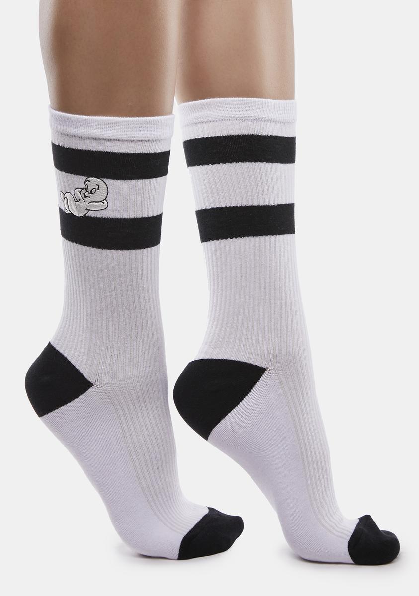 Dolls Kill x Hot Stuff Casper Embroidery Striped Crew Socks - White