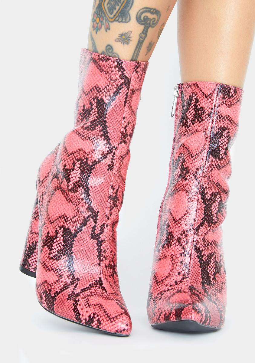 Pink Snake Heeled Booties – Dolls Kill