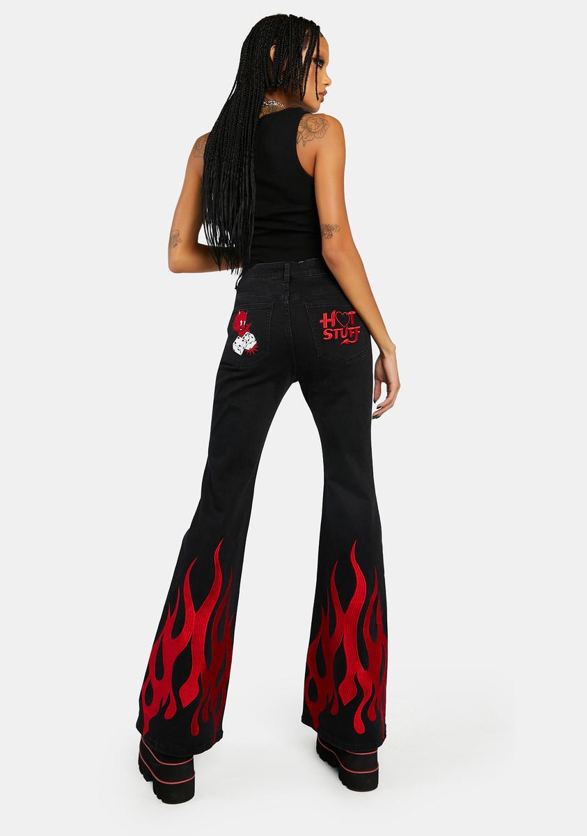 Dolls Kill x Hot Stuff Casper Embroidered Flame Flare Jeans - Black/Red