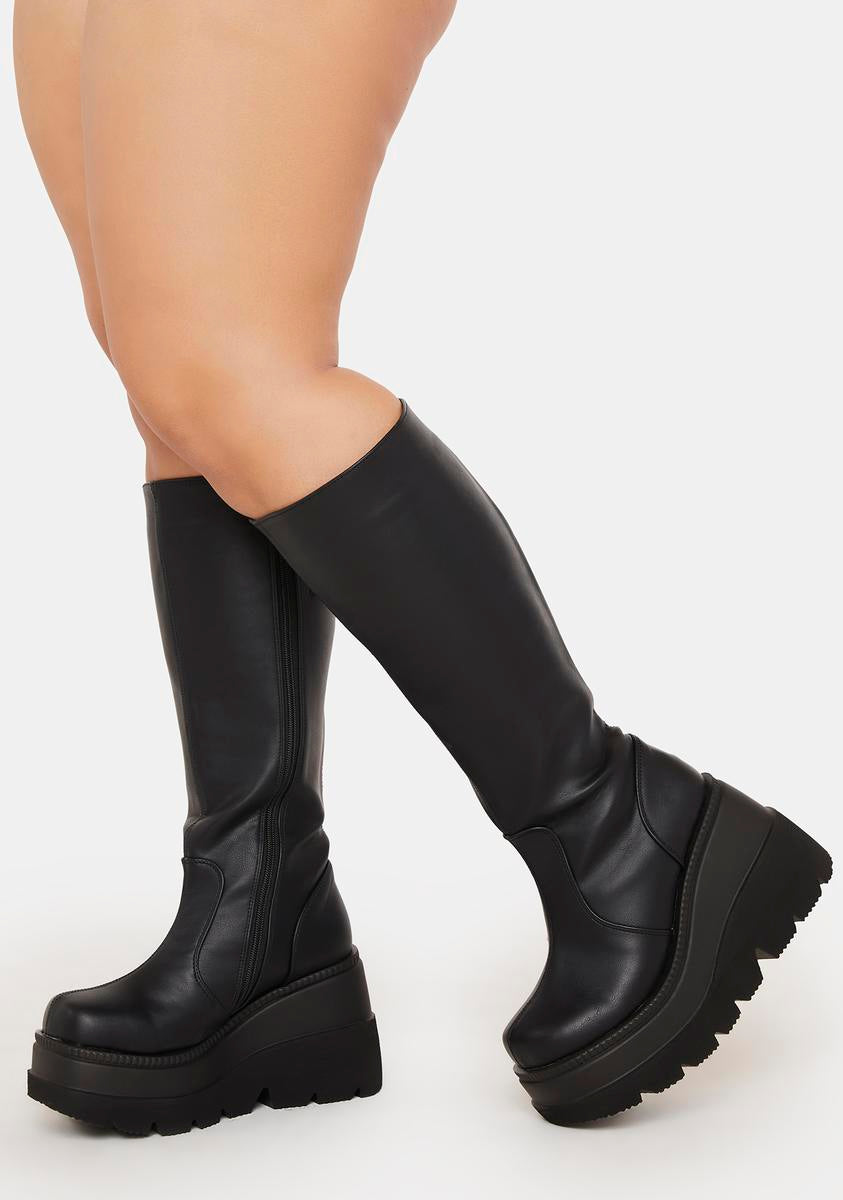Demonia Wide Calf Wedge Platform Knee High Boots - Black – Dolls Kill