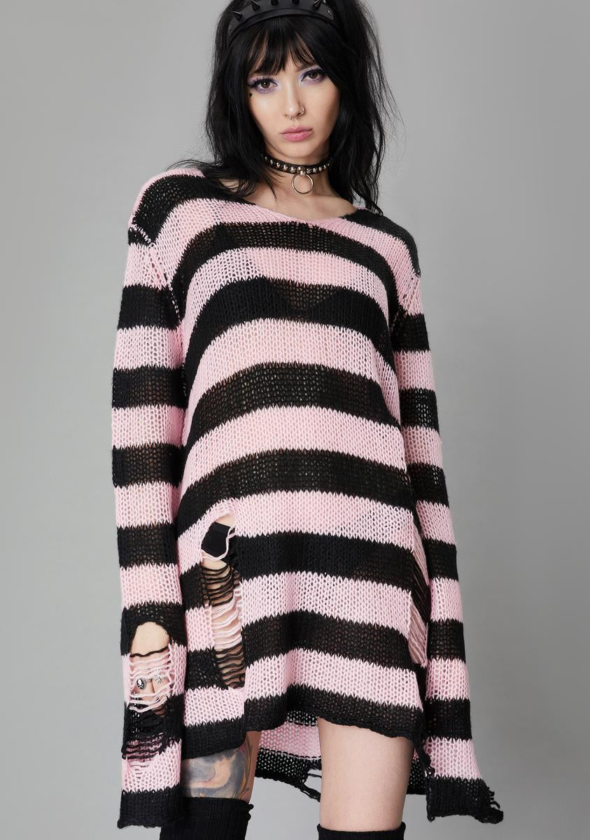 Widow Striped Distressed Sweater - Black/Pink – Dolls Kill