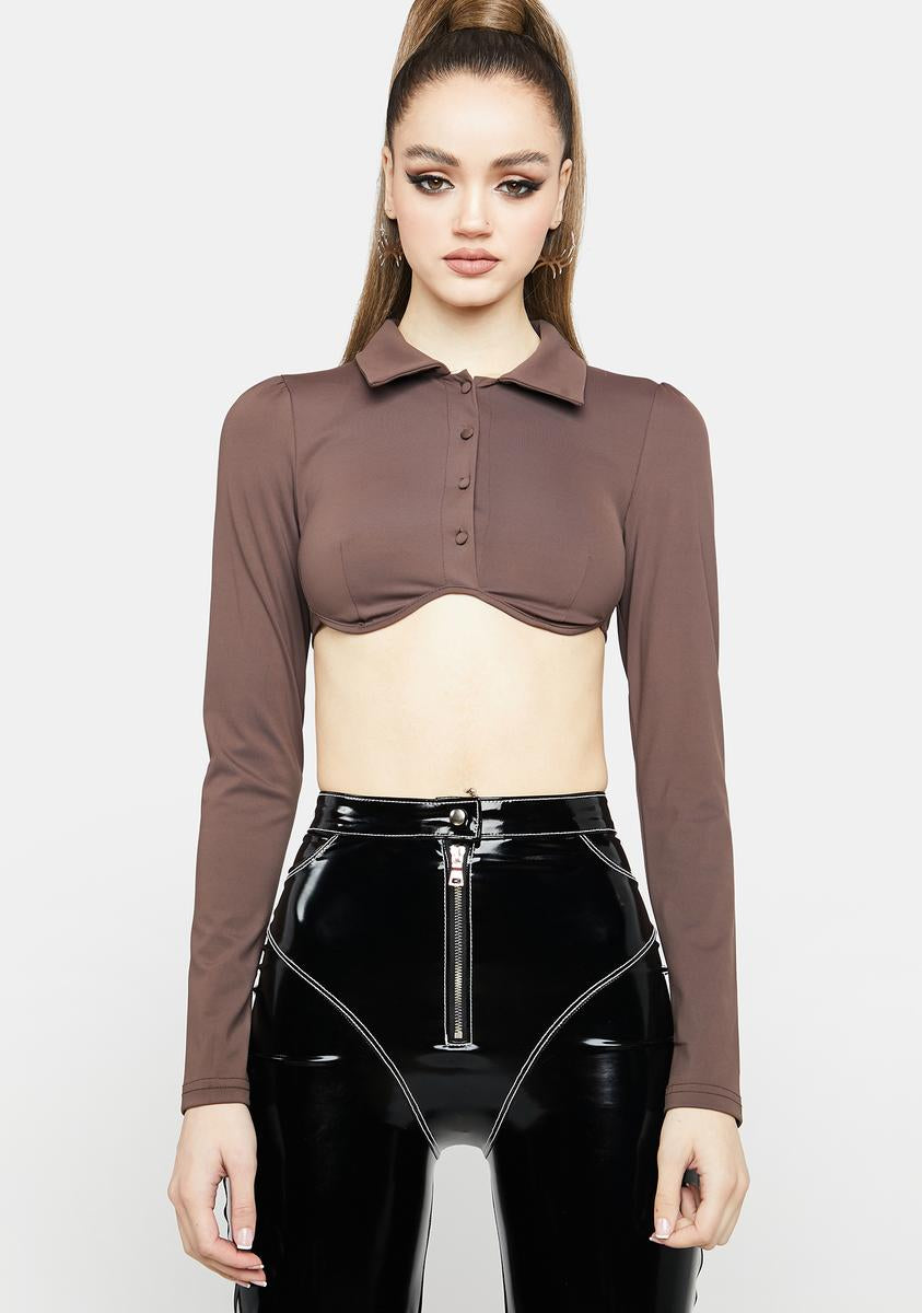 Long Sleeve Underbust Collared Button Up Crop Top Brown – Dolls Kill