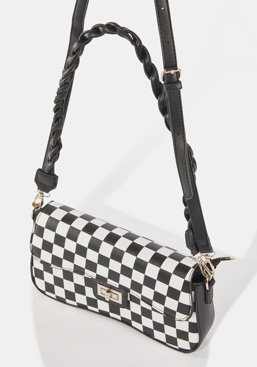Black and White Checkered Small Crossbody Bag, Fabric Purse, Rude Girl Mod,  Zipper Top Closure, Pockets