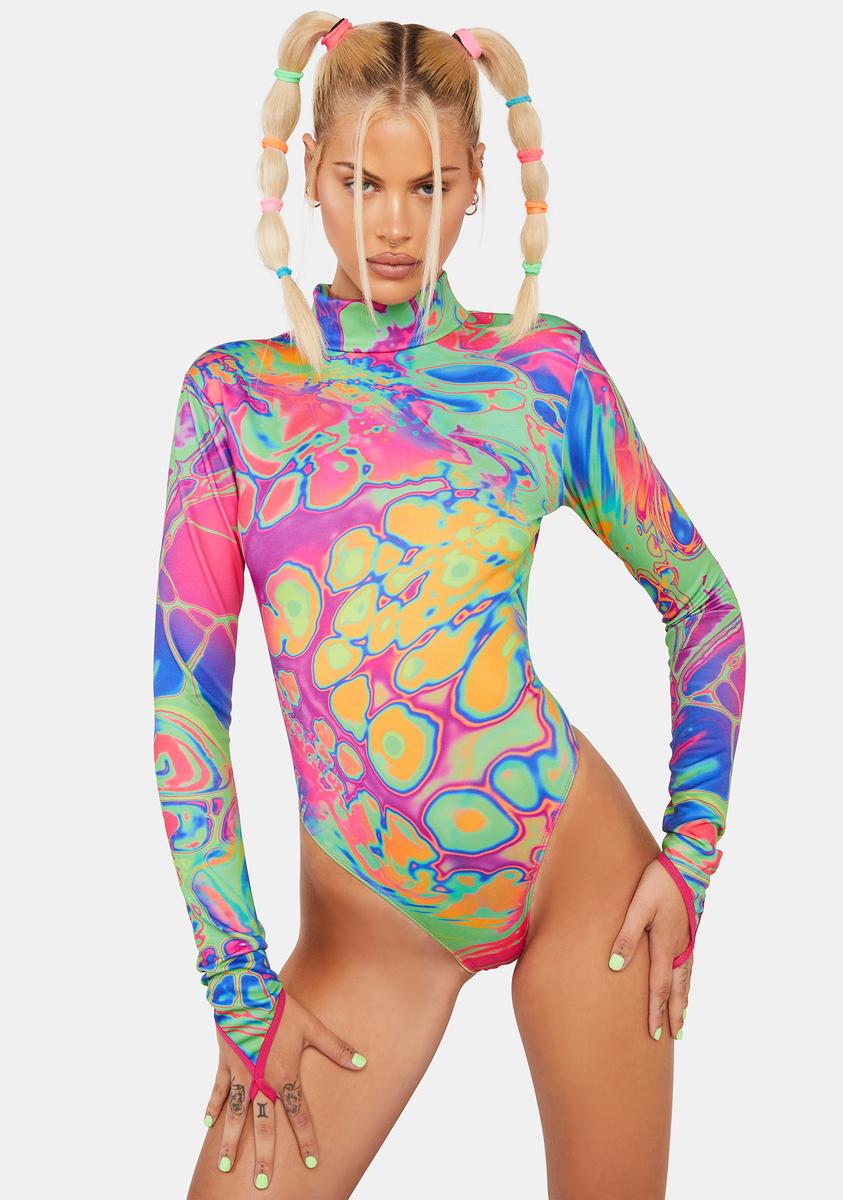 Club Exx Trippy Print Long Sleeve Bodysuit - Neon Rainbow – Dolls Kill