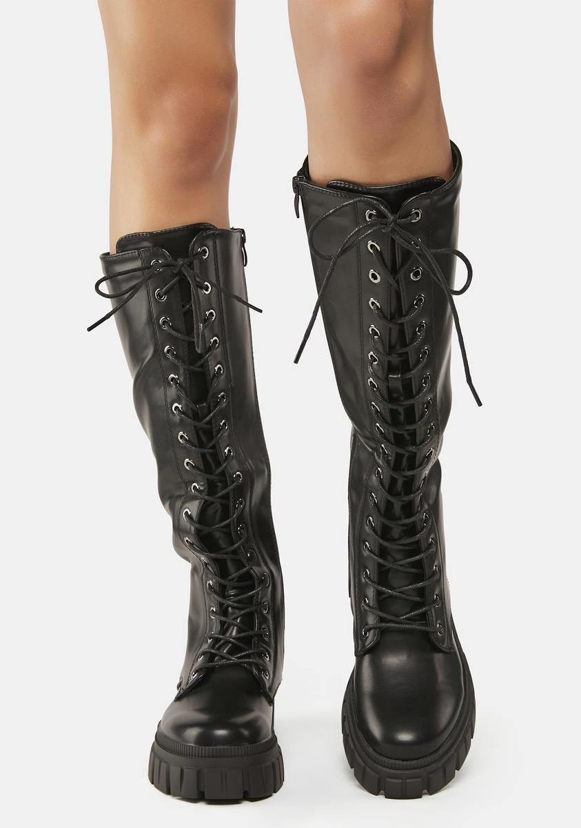 Vegan Leather Knee-High Combat Boots - Black – Dolls Kill