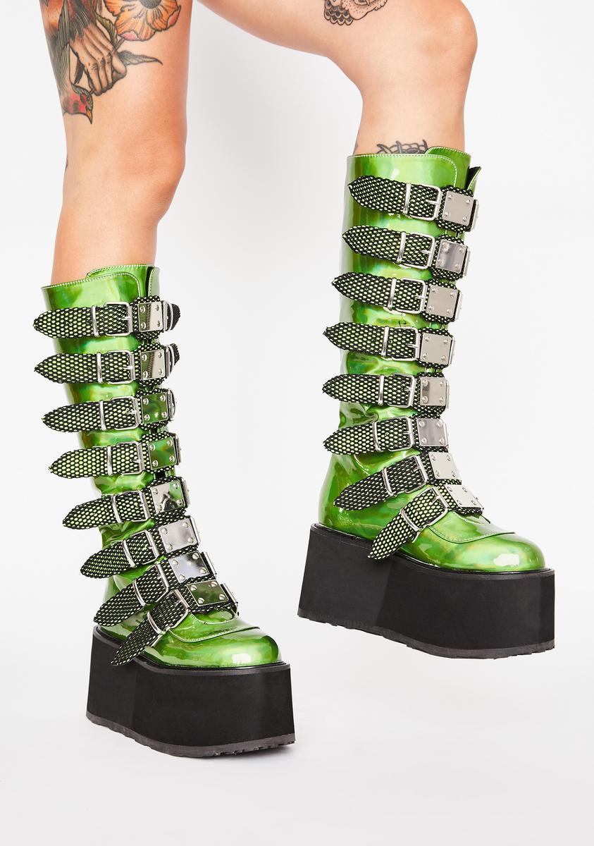 Demonia Damned-318 Lime Green Hologram Platform Boots – Dolls Kill