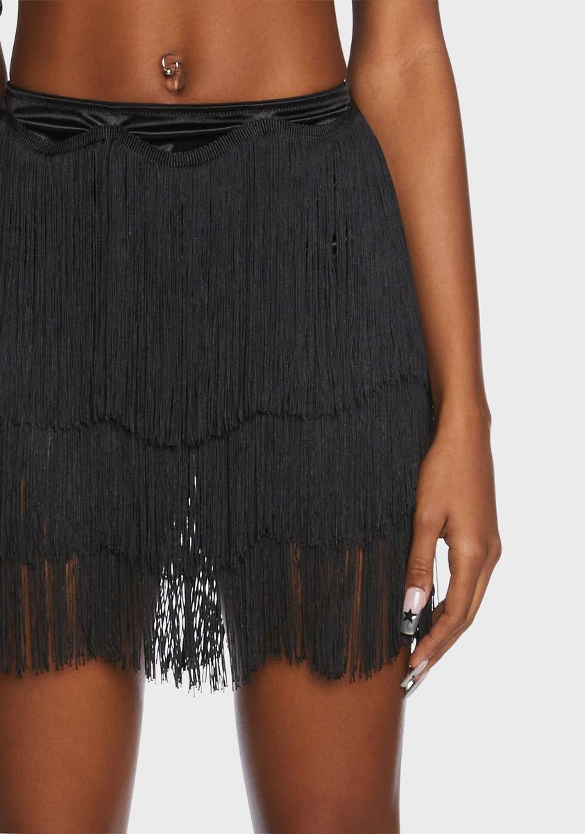 Girls Want to Have Fun Fringe Skirt - Black Satin Fringe Mini Skirt X-Small