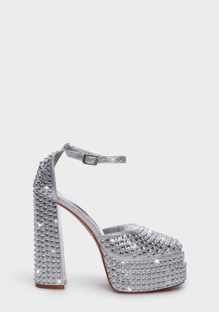 AZALEA WANG Rhinestone Sparkle Platform Mary Janes - Silver – Dolls Kill