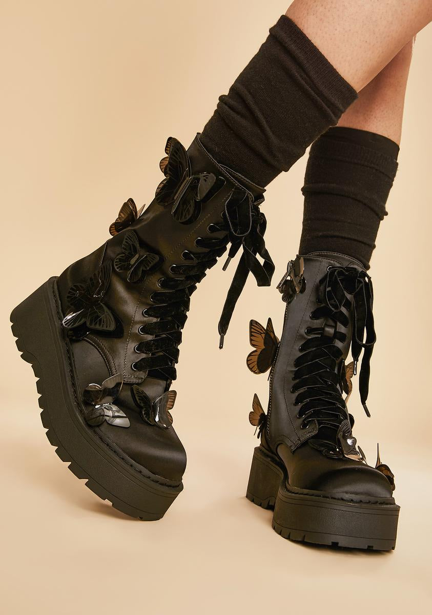 Current Mood Butterfly Combat Boots - Black Satin – Dolls Kill