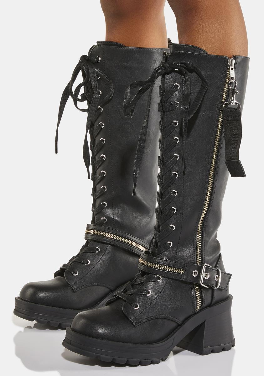 Demonia Buckle Zipper Knee High Combat Boots - Black – Dolls Kill
