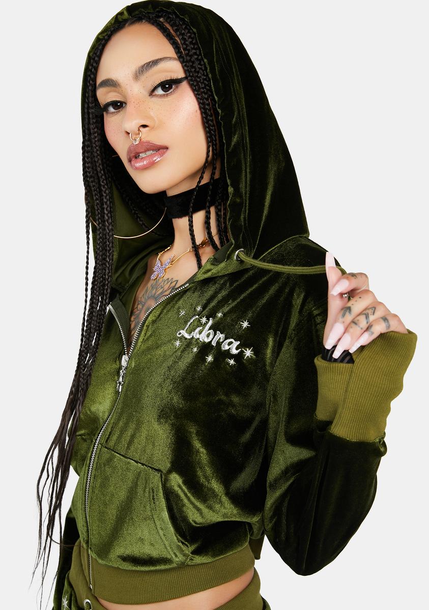 HOROSCOPEZ Libra Scale Goddess Embroidered Velour Crop Jacket - Sage/Dark  Green – Dolls Kill