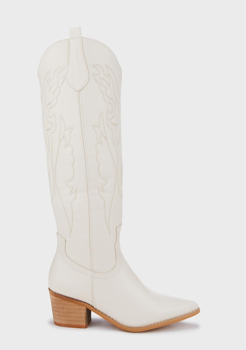 Vegan Leather Knee High Stitched Cowboy Boots - Off White – Dolls Kill