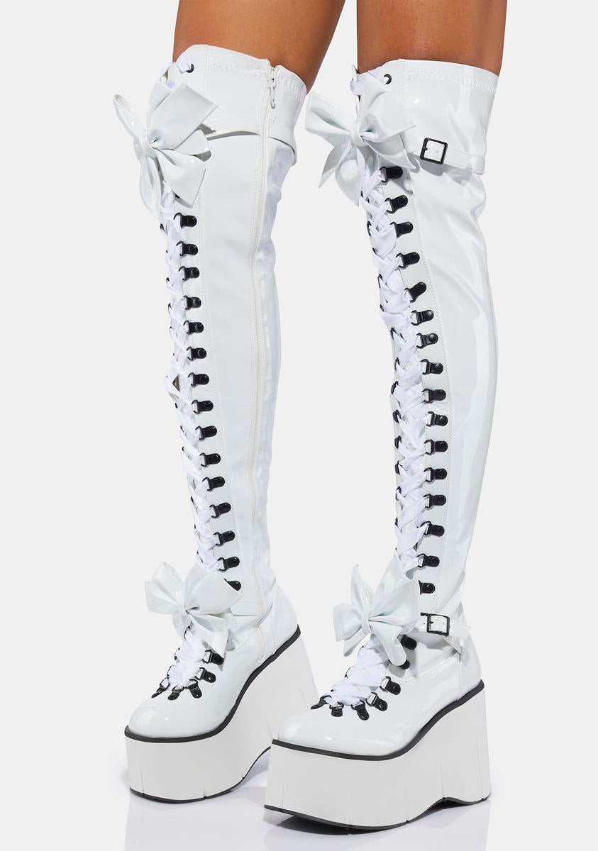 Demonia Kera-303 Bow Thigh High Boots - White – Dolls Kill