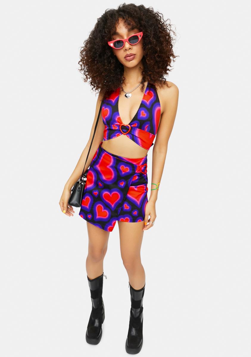 Delias Groovy Heart Print Plunge Cropped Halter Top - Red Purple ...