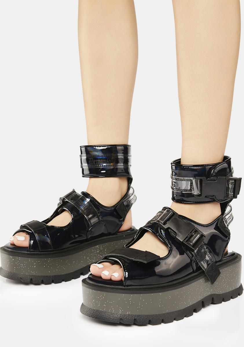 Demonia Holographic Ankle Strap Platform Sandals - Black – Dolls Kill