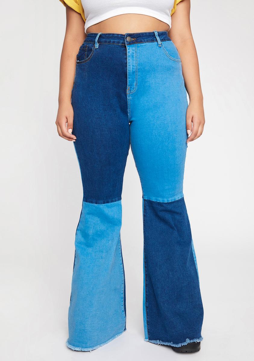 Plus Size Colorblock Denim Wide Leg Flare Jeans - Blue